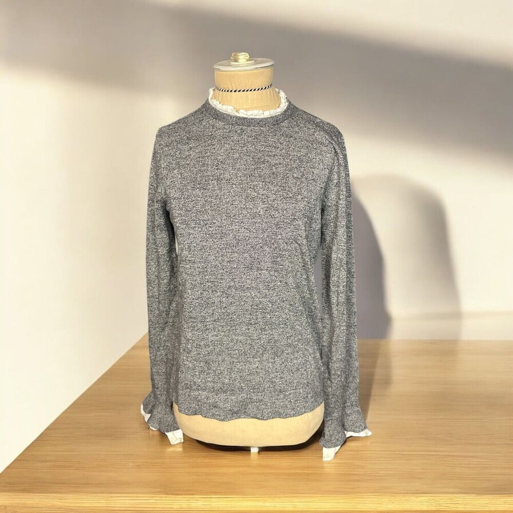 Saks Fifth Avenue Sweater Black Space Dye Layered Cuffs Collar Cotton Size M